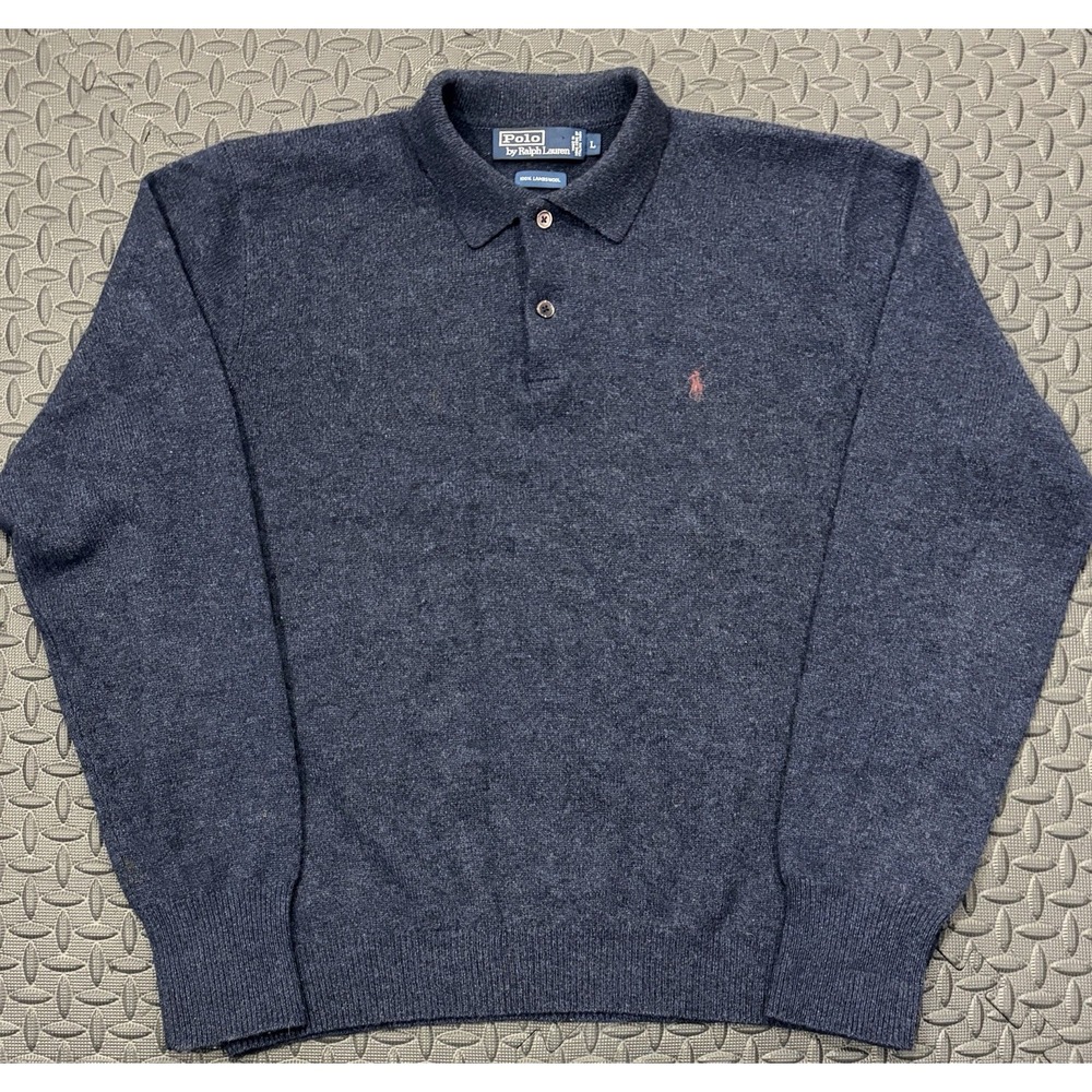 Vintage Polo Ralph Lauren Lambswool Sweater Blue Large Italian Yarn Collared VTG